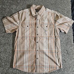Carhartt Rugged Flex Shirt Men's Med Relaxed Lightweight Short-Sleeve Plaid Tan